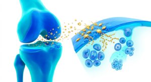 무릎 관절 내 PRP 주사의 생물학적 기전을 설명하는 3D 일러스트